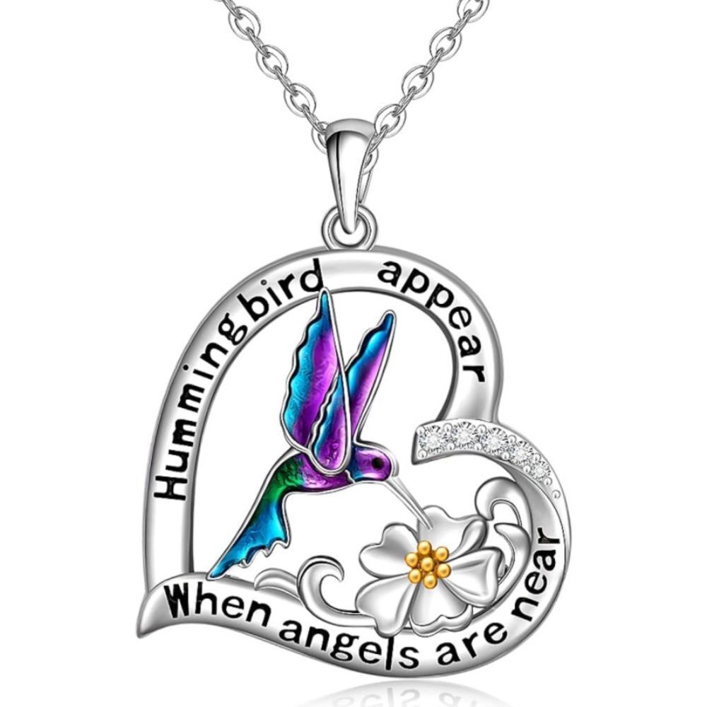 14k Hummingbird Diamond Angel Necklace Memorial for Loved Ones